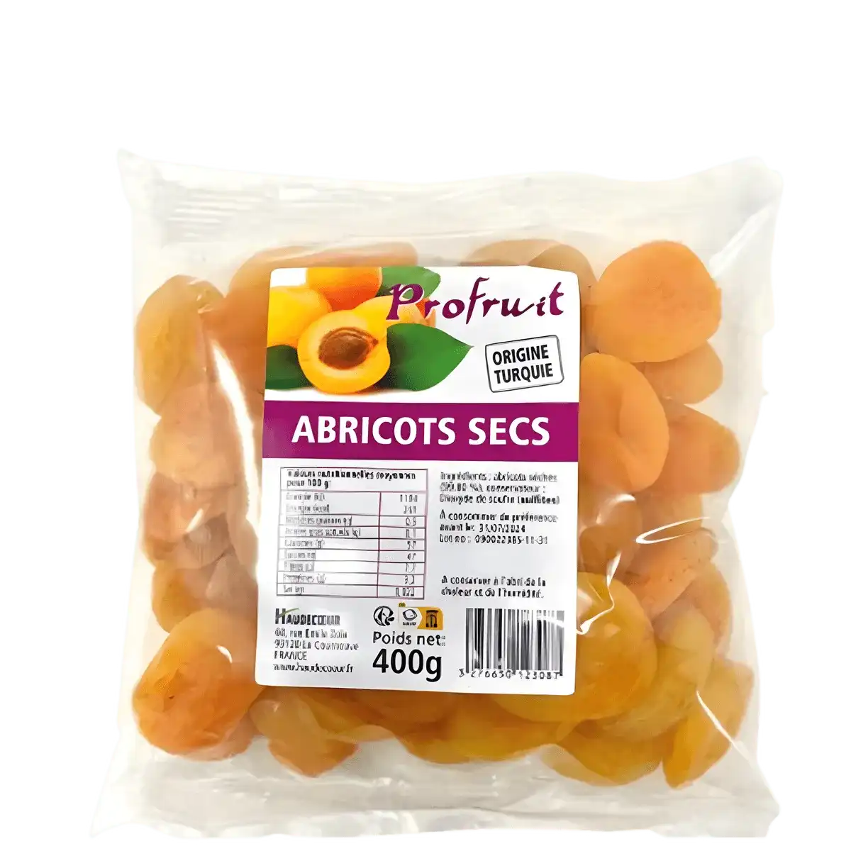 Abricots secs PROFRUIT 400g en sachet transparent, fruits moelleux d'origine Turquie, parfaits pour collation ou cuisine saine.